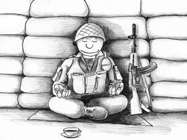 Карикатура солдат в окопе