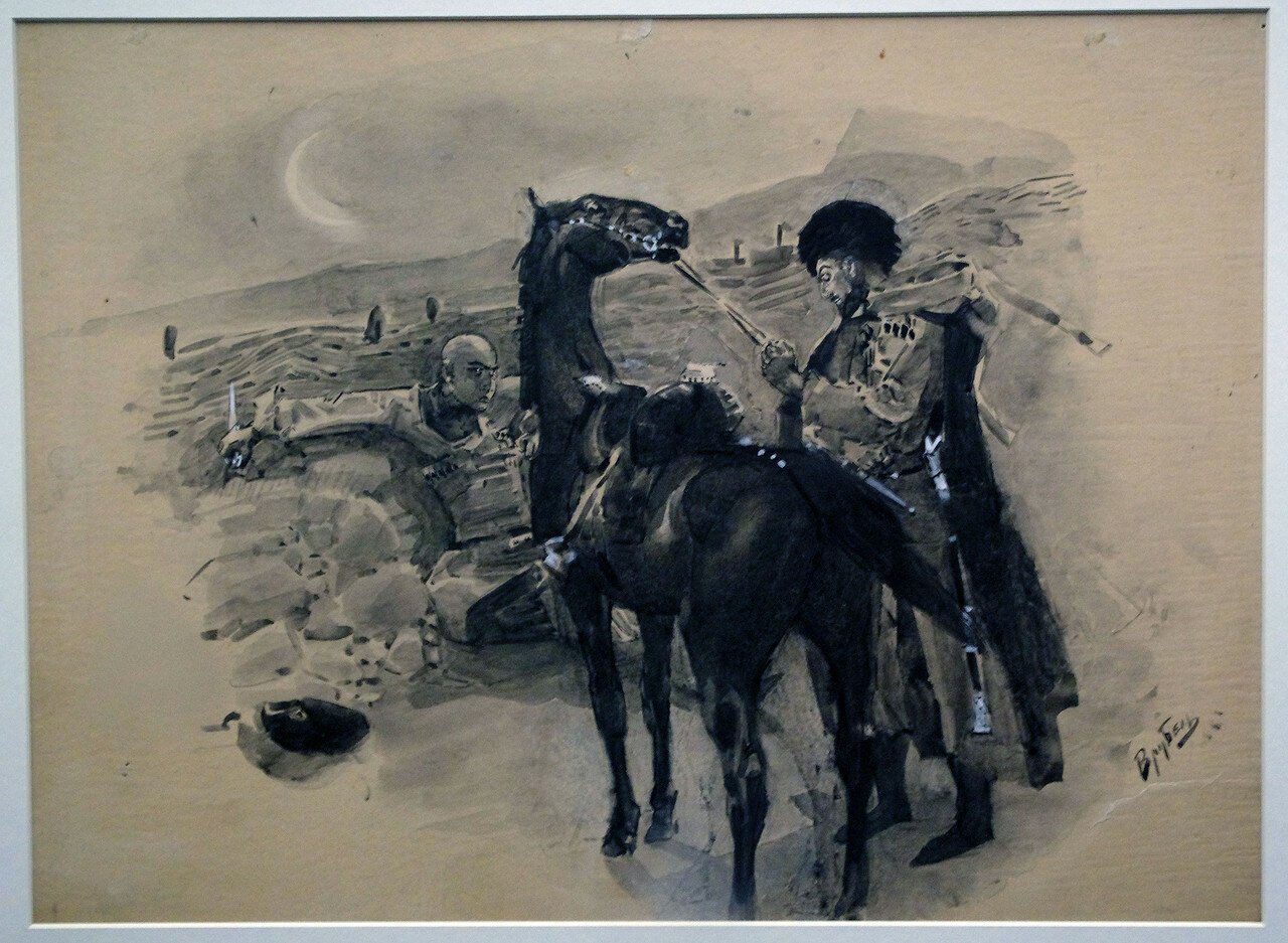 Казбич и Азамат. Иллюстрация м.а.Врубеля. Чёрная акварель.1890-1891.