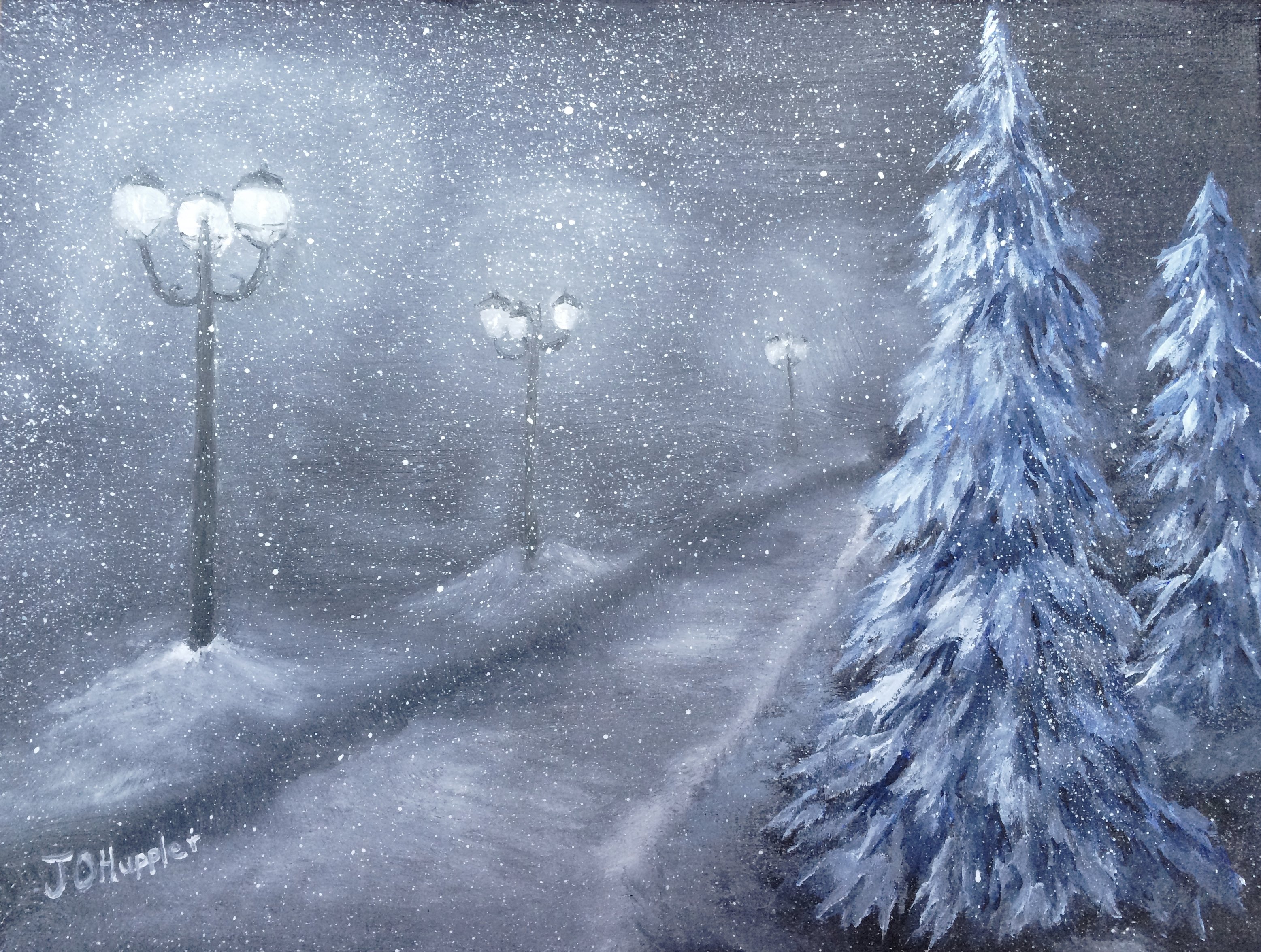 Снег ночью живопись