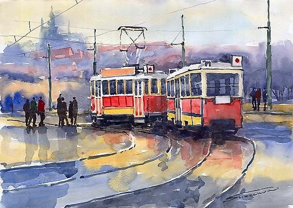 Старый трамвай акварель