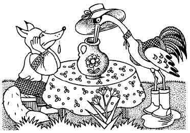 Лиса и журавль раскраска для детей контур