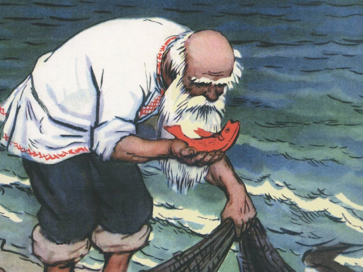 Иллюстрация рыбак и золотая рыбка