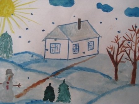 Гуашью зимний лес с домиком