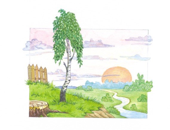 Пейзаж с березой 1 класс