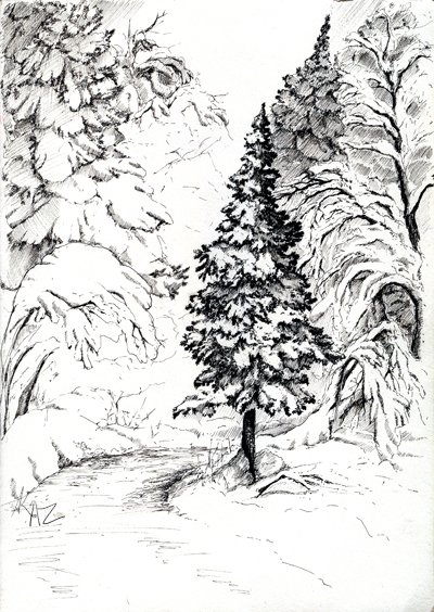 Зимний лес карандашом