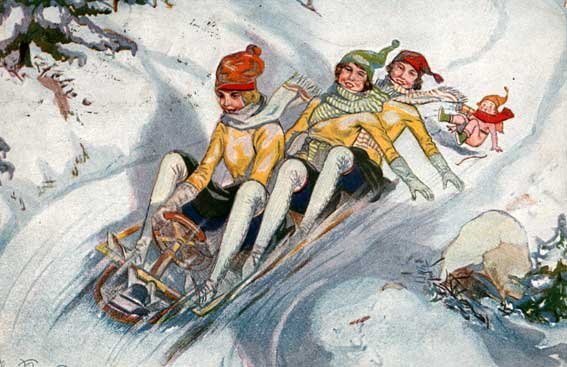 Катание с горки акварелью