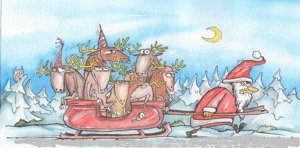 Карикатура про Деда Мороза и оленей