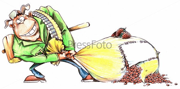 Мужик несет мешок с золотом