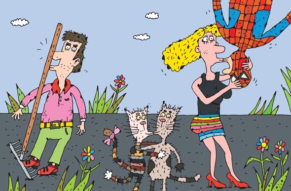 Карикатура женщина перед мужчиной