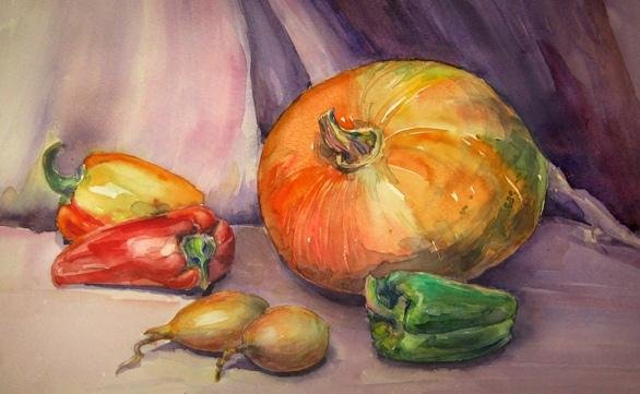 Натюрморт с тыквой акварель