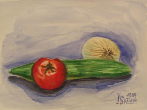 Натюрморт с огурцами и помидорами