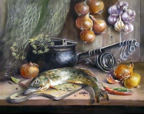 Натюрморт с копченой рыбой