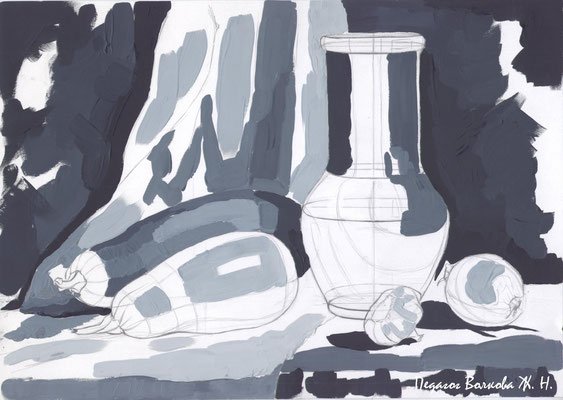 Декоративный натюрморт гризайль гуашь