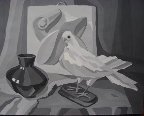 Натюрморт с чучелом птицы гризайль