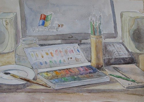 Натюрморт с компьютером карандашом