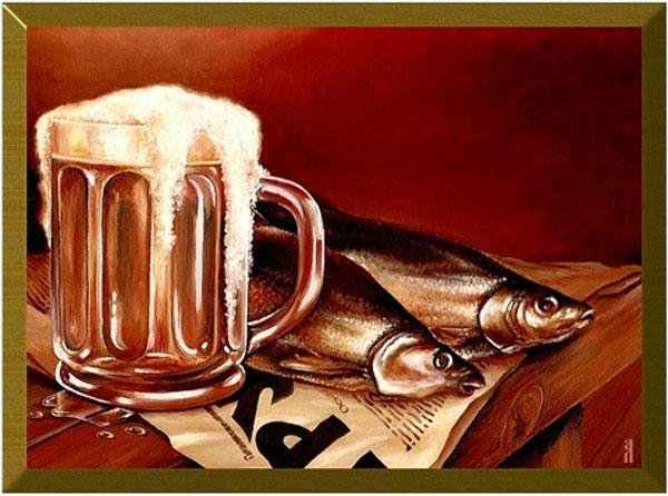 Нарисованный натюрморт вобла и пиво