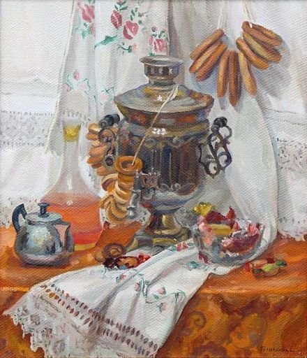 Самовар с баранками живопись