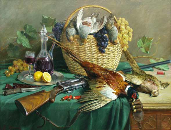 Ян Фейт «натюрморт с дичью, корзиной винограда и кошкой»