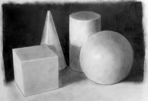 Конус куб и шар карандашом