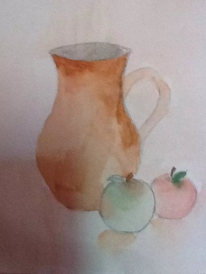 Кувшин с яблоком акварелью