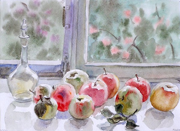Натюрморт на окне контражур акварель