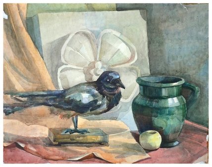 Академический натюрморт акварелью с чучелом птицы