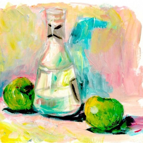 Постановка бутылка и яблоко