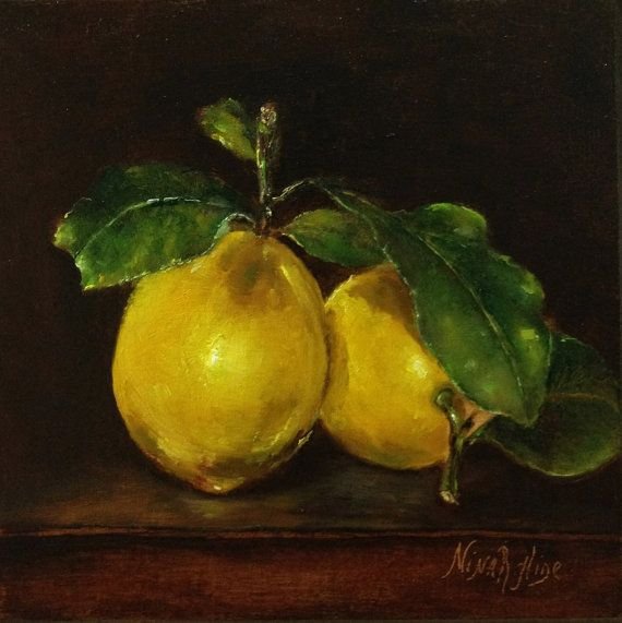 Лимоны на ветке живопись натюрморт