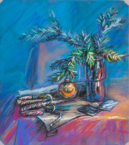 Новогодний натюрморт цветными карандашами