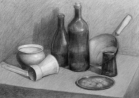 Натюрморт с бутылкой карандашом