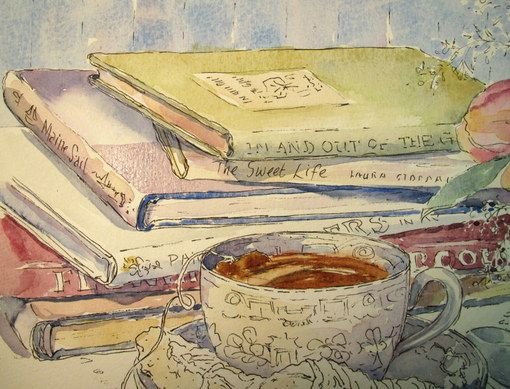Книги и кофе акварель