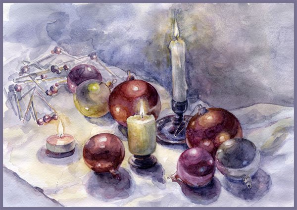 Рождественский натюрморт акварель