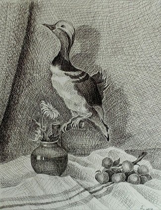 Натюрморт с чучелом птицы гризайль