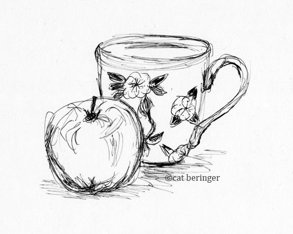 Натюрморт Кружка и яблоко раскраска