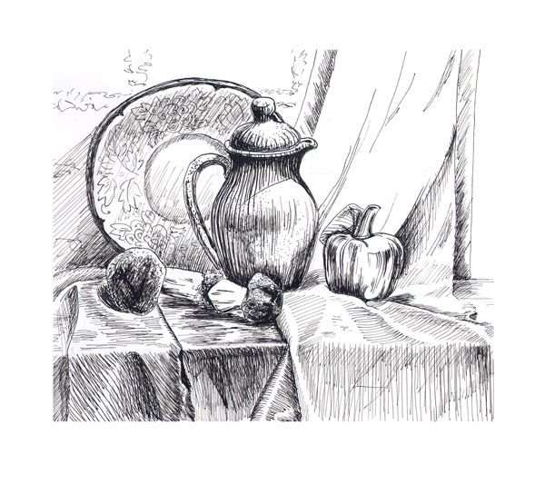 Натюрморт на тарелке рисунок