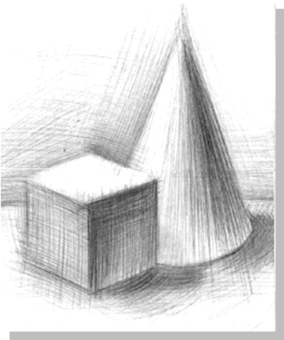 Куб и конус карандашом