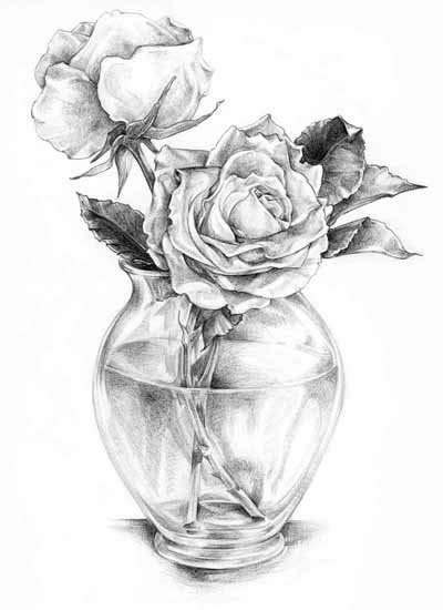 Натюрморт ваза с розой карандашом