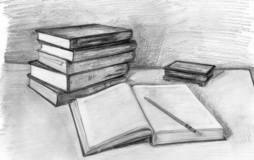 Натюрморт из книг карандашом