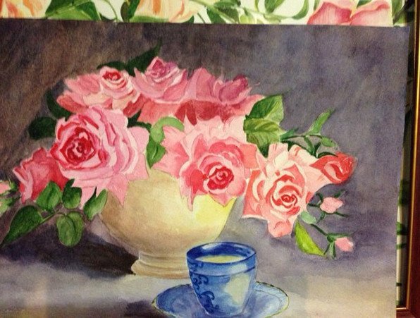 Розы в вазе гуашью
