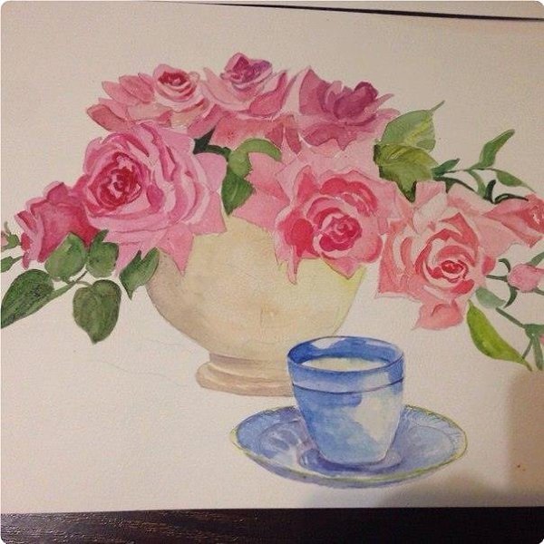 Розы в вазе гуашью