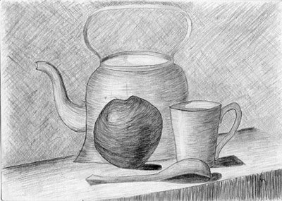 Несложный натюрморт карандашом кувшин и фрукты