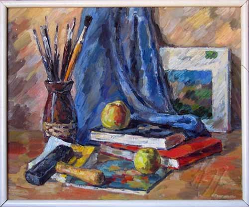 Натюрморт с красками и кистями