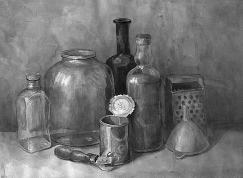 Зарисовки металлических и стеклянных предметов