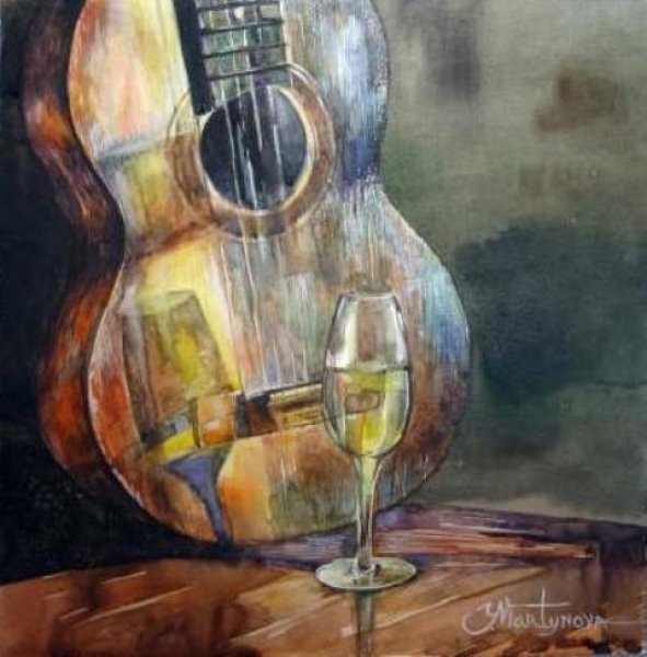 Натюрморт с гитарой акварель