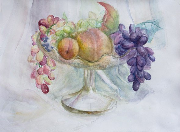 Ваза с фруктами акварелью