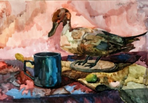 Натюрморт с чучелом птицы акварель