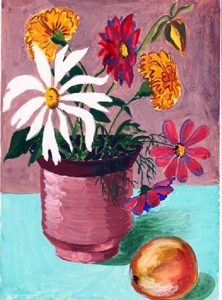 Цветы в вазе гуашью