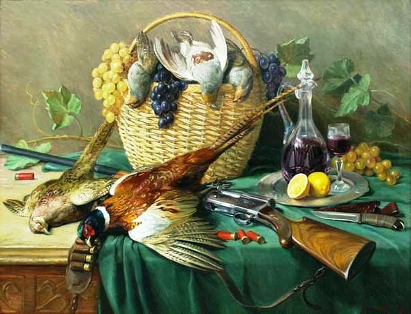 Ян Фейт «натюрморт с дичью, корзиной винограда и кошкой»