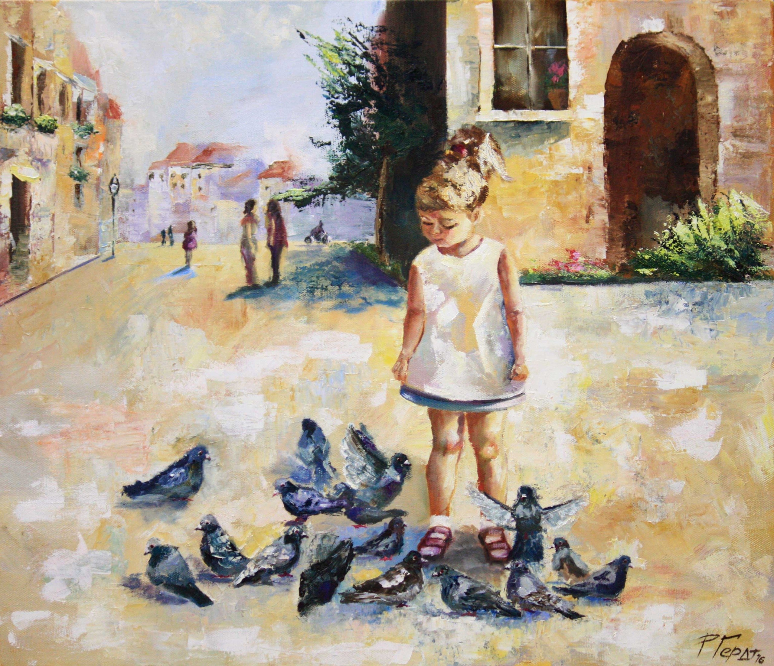 Картины для детей. Картина Таня и голуби. Рина Гердт. Сюжетная картина "Таня и голуби" о.Соловьева. Картина Таня кормит голубей.