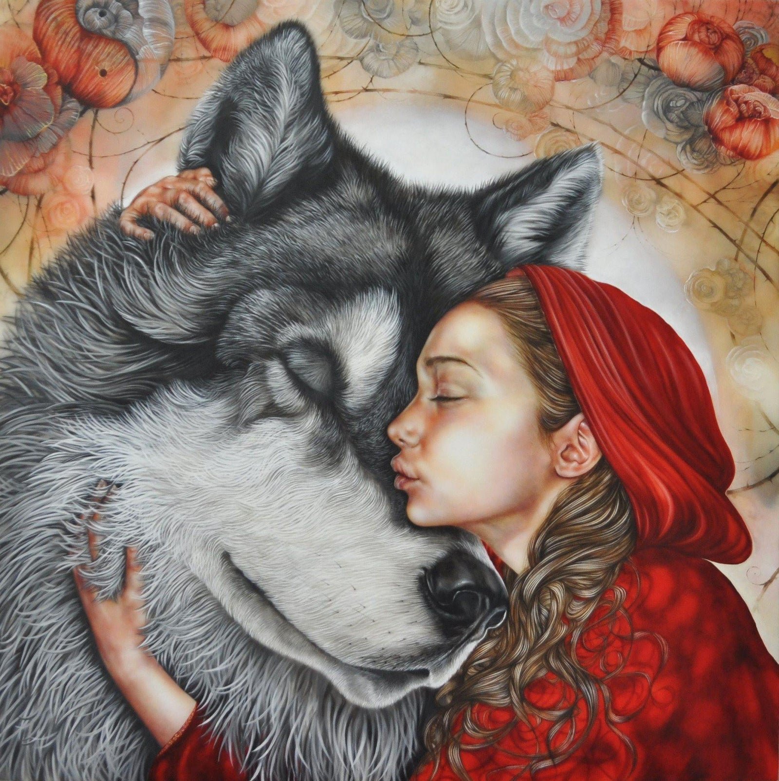 Девочка обнимает волка